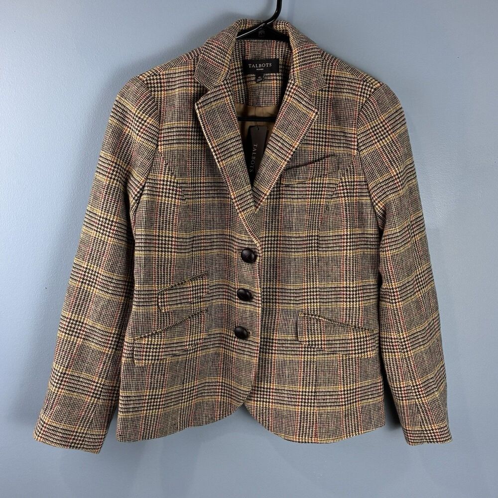 New Talbots Women's Brown Wool Blend Plaid Blazer Elbow Patches Size 4P